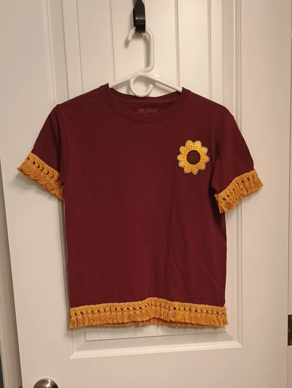 Gildan Maroon Tee with Yellow Sunflower Patch and Fringe